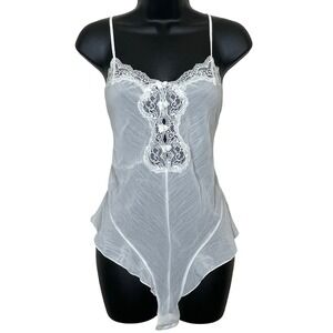 Vintage Delicates White Lace Trim Sheer Teddy Bodysuit L Babydoll 80s Bridal